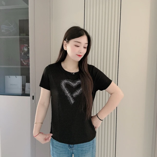 夏季新款宽松时尚烫钻显瘦百搭洋气打底衫T恤