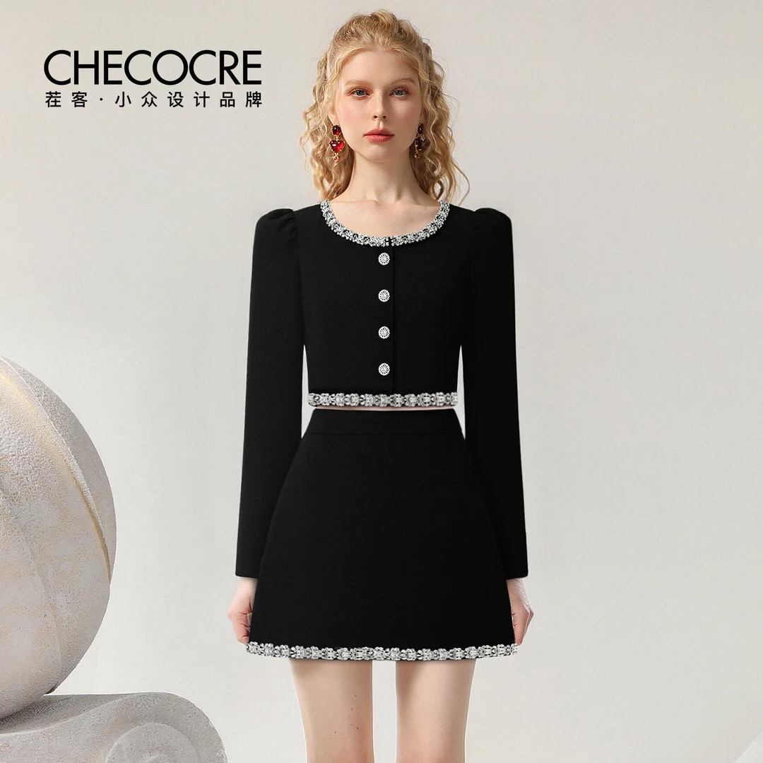 茬客【夜星河】套装裙2025秋季钻链圆领上衣高腰字半裙CM51082AB