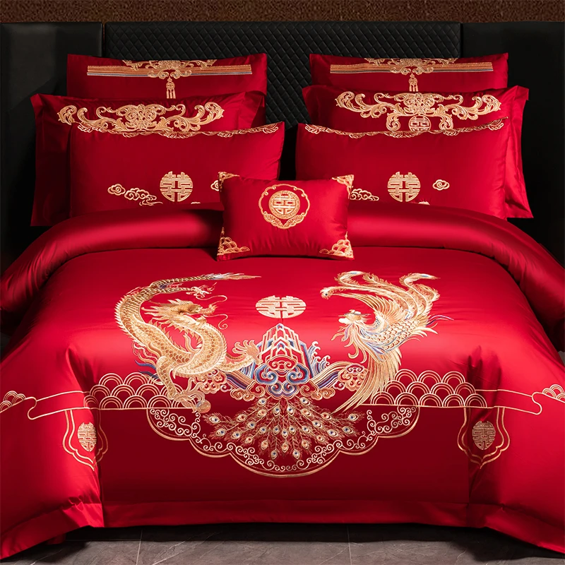 水星奢华高档中式龙凤刺绣婚庆四件套大红色套床单结婚嫁床上用品