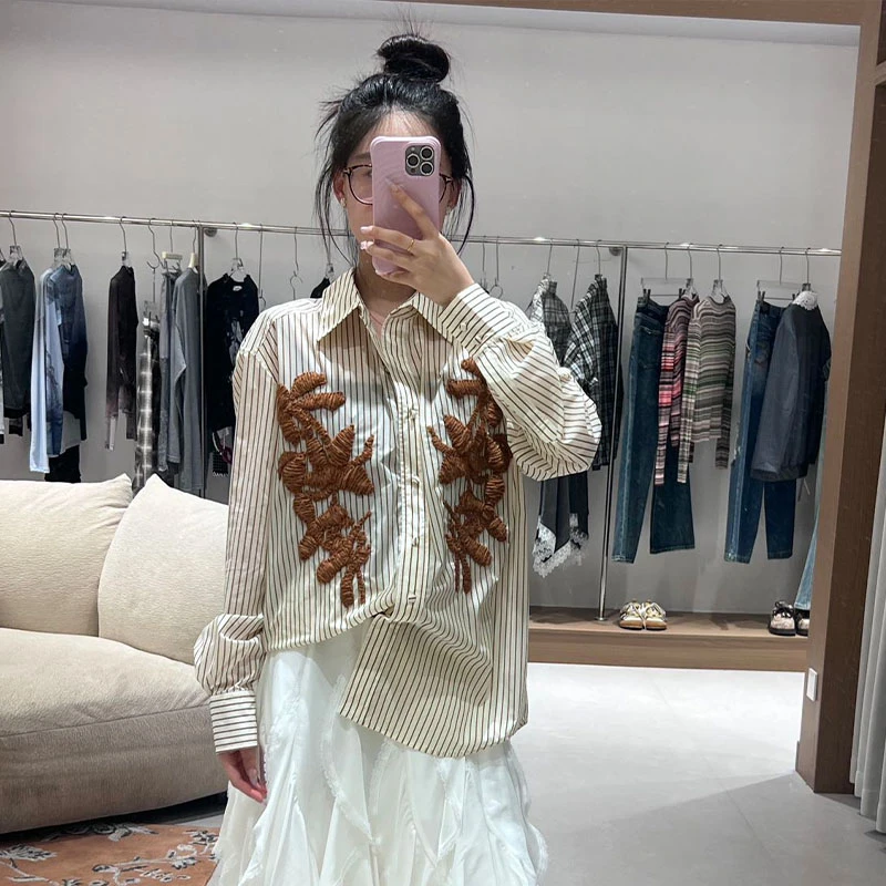 AVVENN2025夏季气质宽松时尚小众女款衬衫条纹上衣长袖休闲衬衣