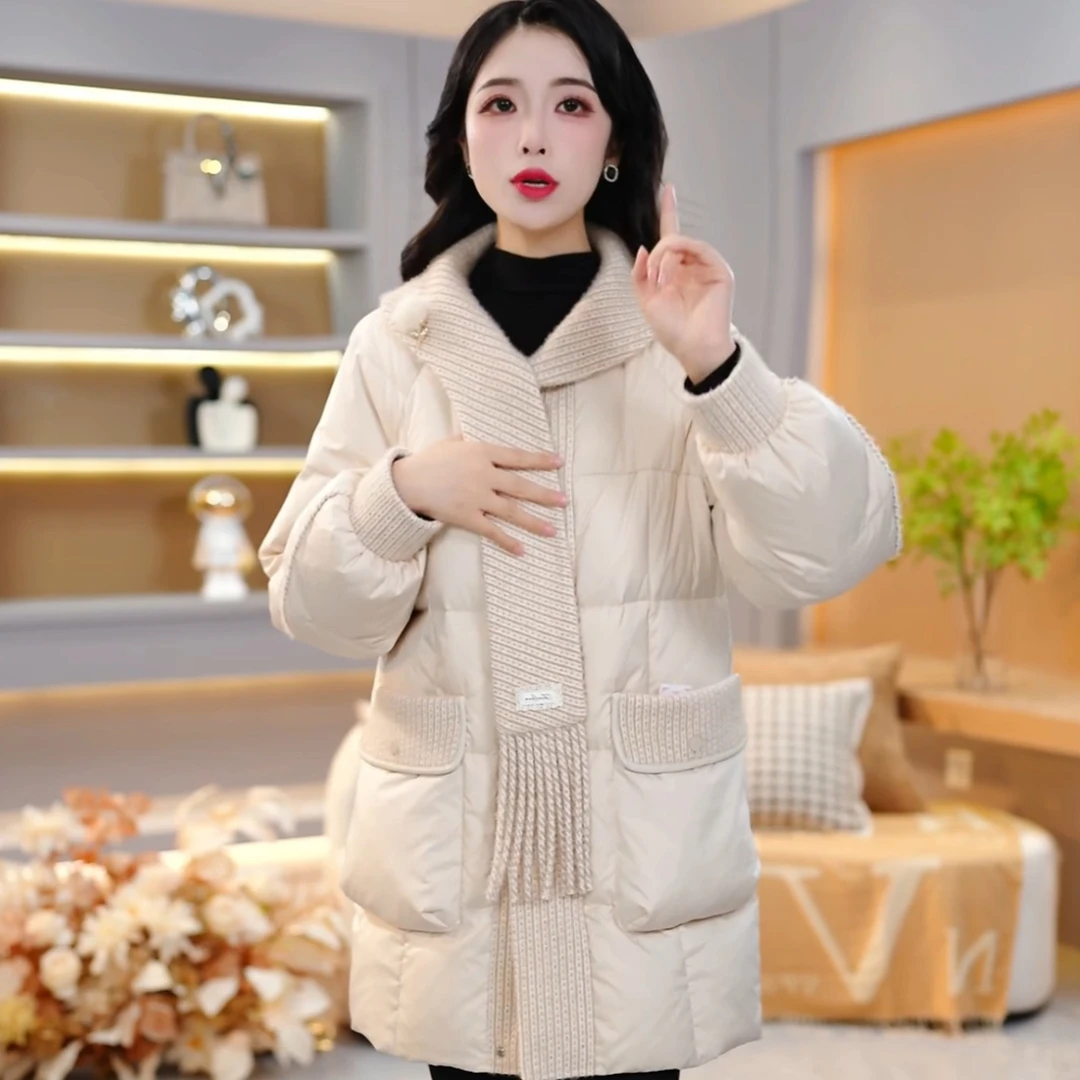 优雅风围巾领大口袋中长款羽绒服女2025冬季新款白鸭绒保暖外套潮