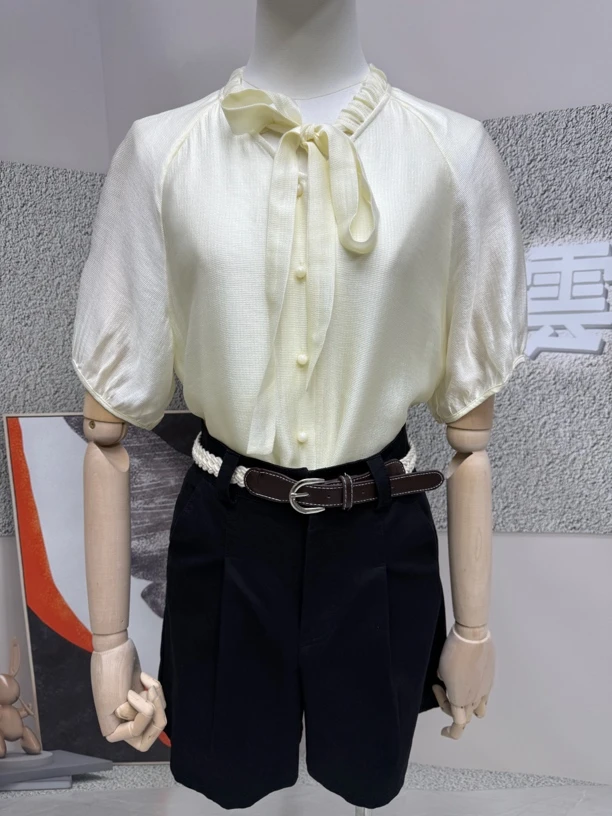 88335夏季薄款木耳边绑带蝴蝶结泡泡袖单排扣百搭短袖上衣小衫
