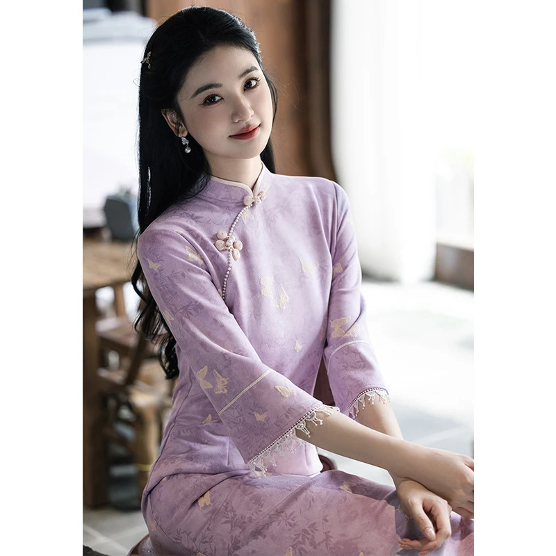 （允宁）单层麂皮绒旗袍新中式改良年轻款少女高级感七分袖春秋新款