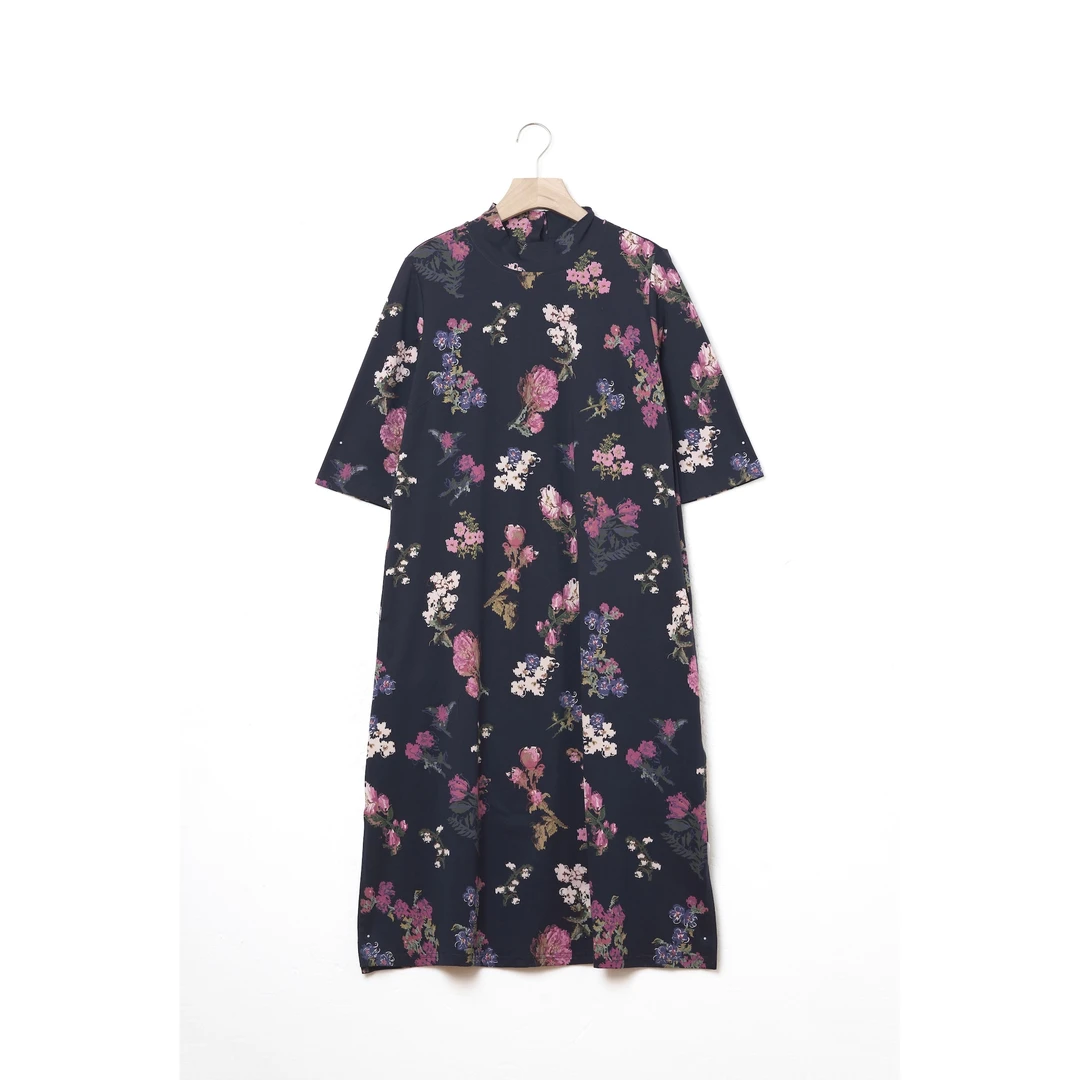 蝶令花秋季复古碎花浪漫优雅时尚宽松圆领七分袖印花连衣裙520145