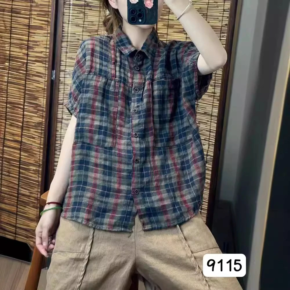 韩版宽松复古亚麻撞色格纹翻领短袖衬衫开衫女2024夏百搭上衣9115