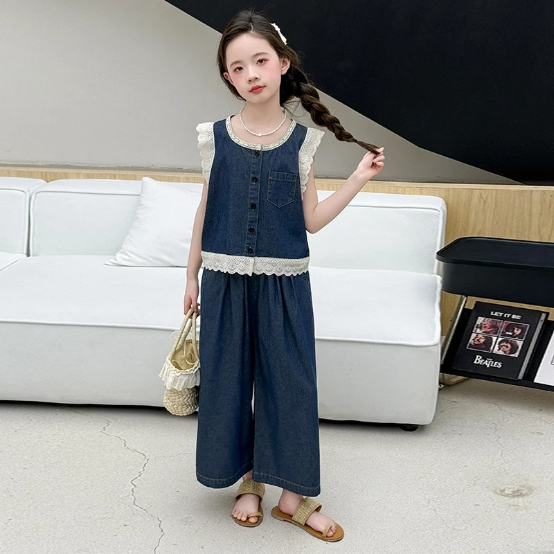 女童夏季甜美薄款牛仔背心套装2025新款中大儿童6-12岁15岁阔腿裤
