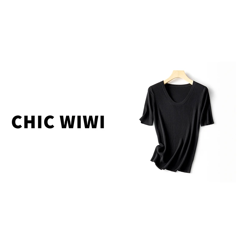 CHIC WIWI 鹅蛋领气质优雅高弹显瘦五分袖针织上衣女夏ZY034198