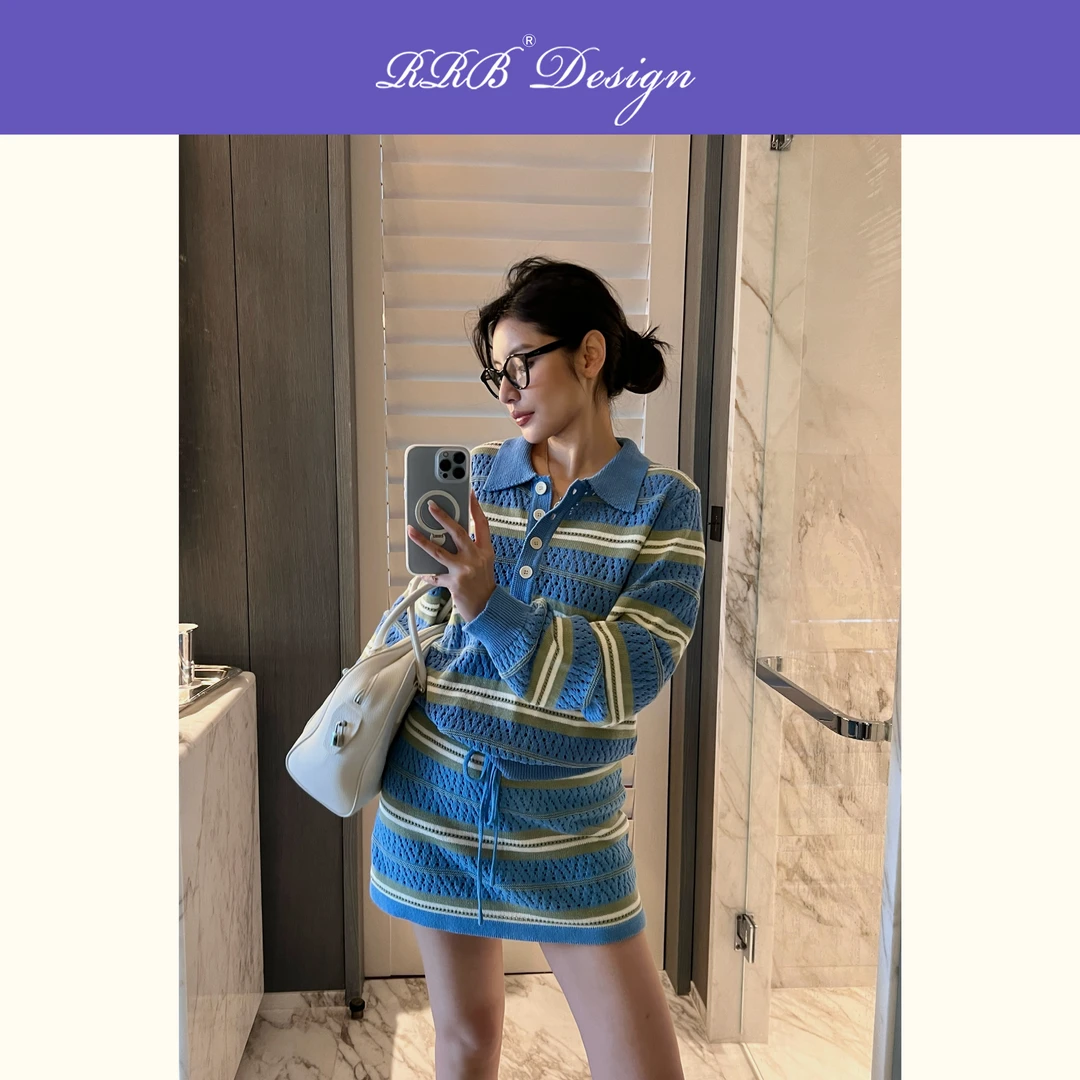 RRB Design「复古韵律」邂逅清新编织镂空拼色条纹翻领长袖编织上衣
