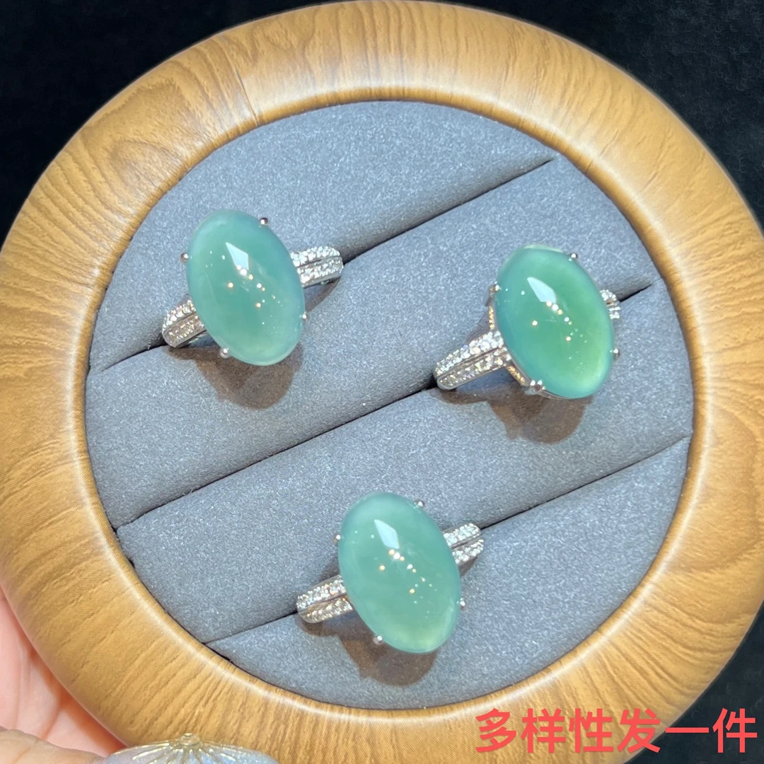 【红旭玉麟】天然翡翠A货蓝水蛋面戒指 多样性发一件