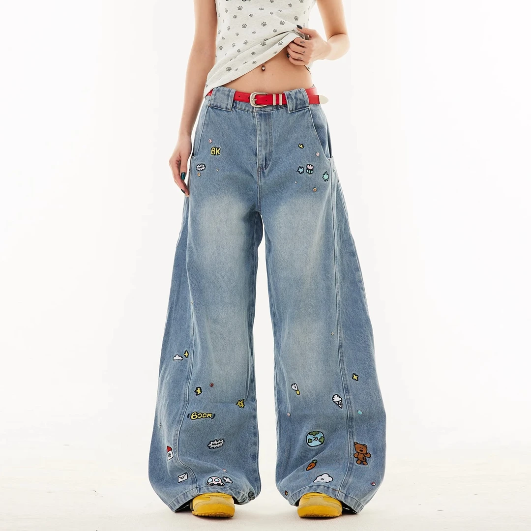 美式复古卡通刺绣弯刀牛仔裤男女夏季新款高街水洗阔腿休闲长裤子