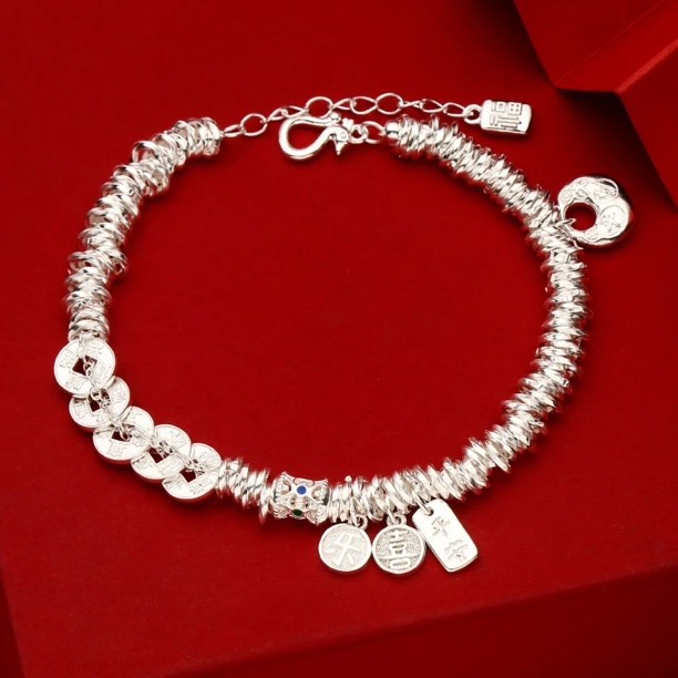 足银手链 足银990盘缠五帝钱平安喜乐手链