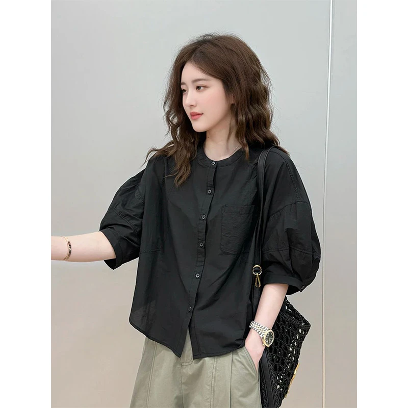 网红薄款七分短袖衬衫女2025夏季新款衬衣宽松显瘦轻职打底衫上衣