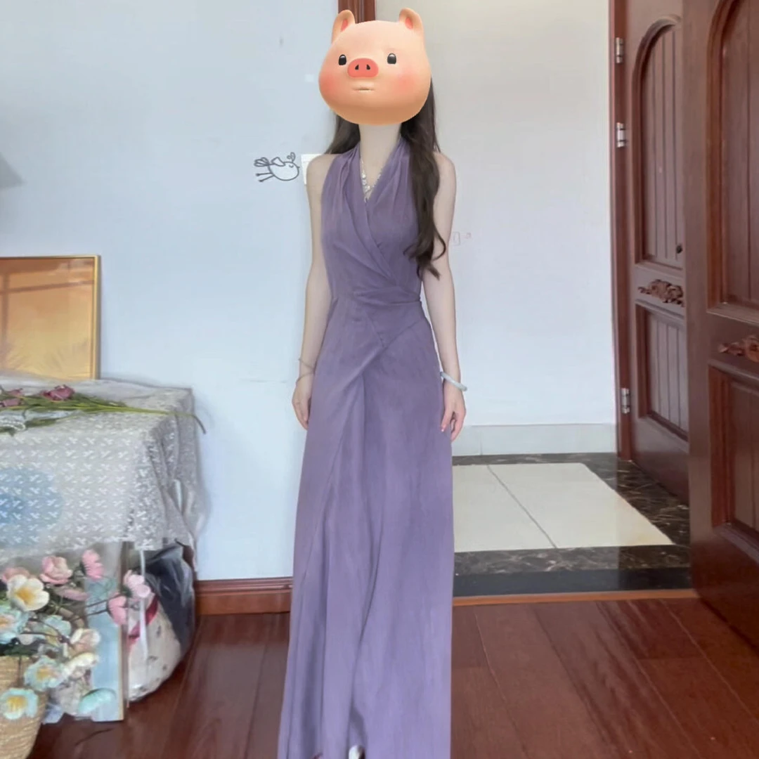 法式高级感紫色挂脖v领连衣裙子女夏季2025新款特别漂亮掐腰长裙