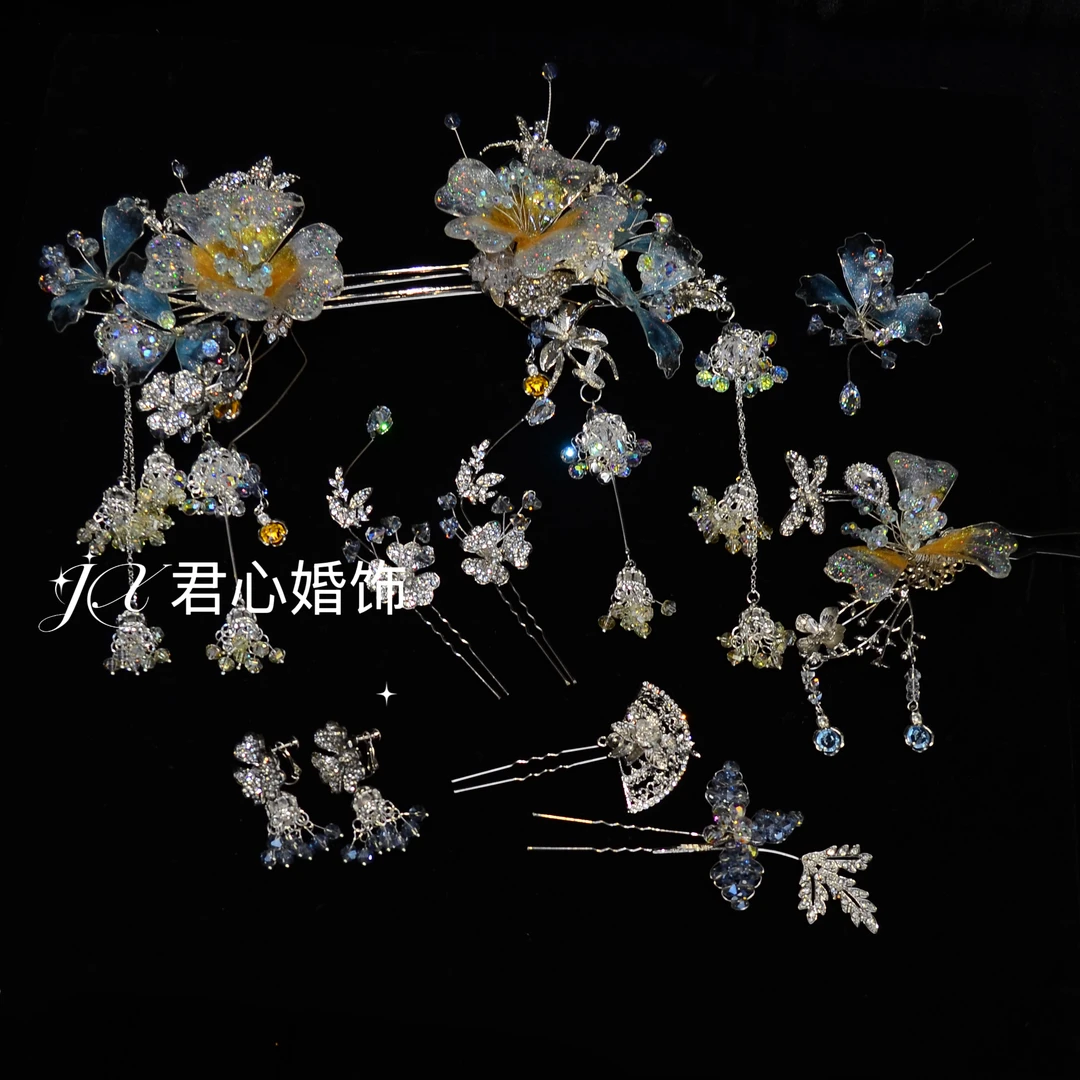 君心家 n4新娘银色系甜美浅色水晶发钗十件套新娘中式头饰