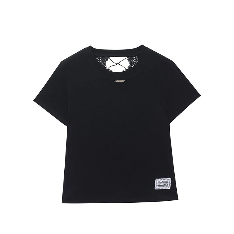 【背影杀】心机露背设计纯欲风蕾丝拼接棉T恤女FYZ