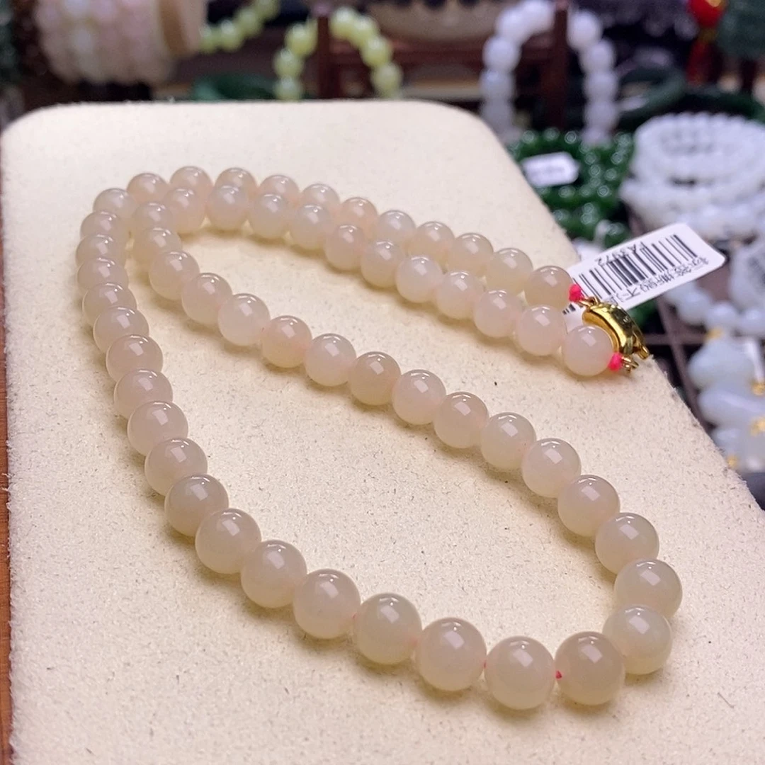 颈饰未镶嵌和田玉收藏级浓藕粉脂膏老矿料红粉项链8m