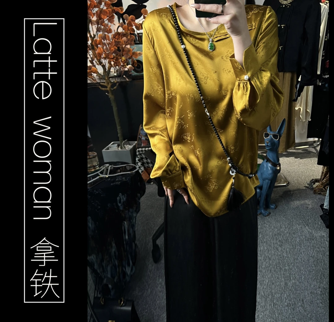 （琉璃）国风奢华金色黄色琉璃衬衫新中式别致缎感刺绣提花复古长袖