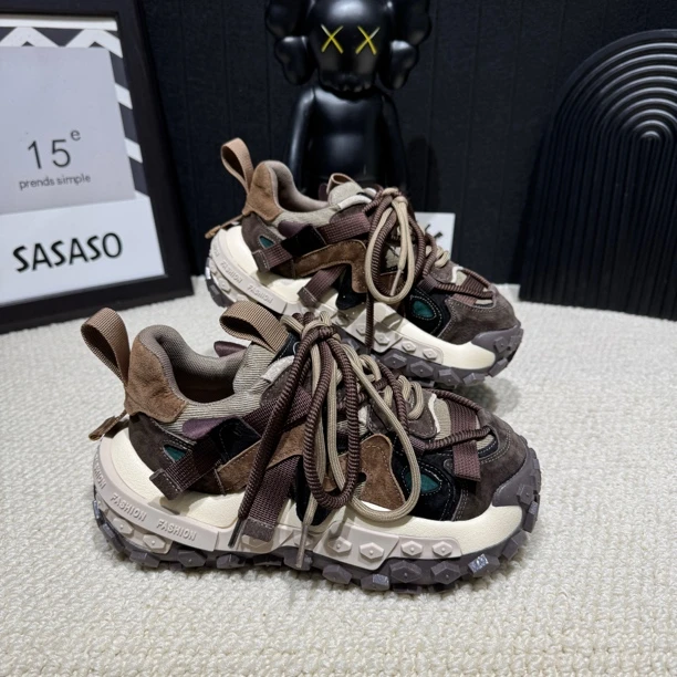 【Y7】春季新款拼色飘带款韩版水洗老爹鞋