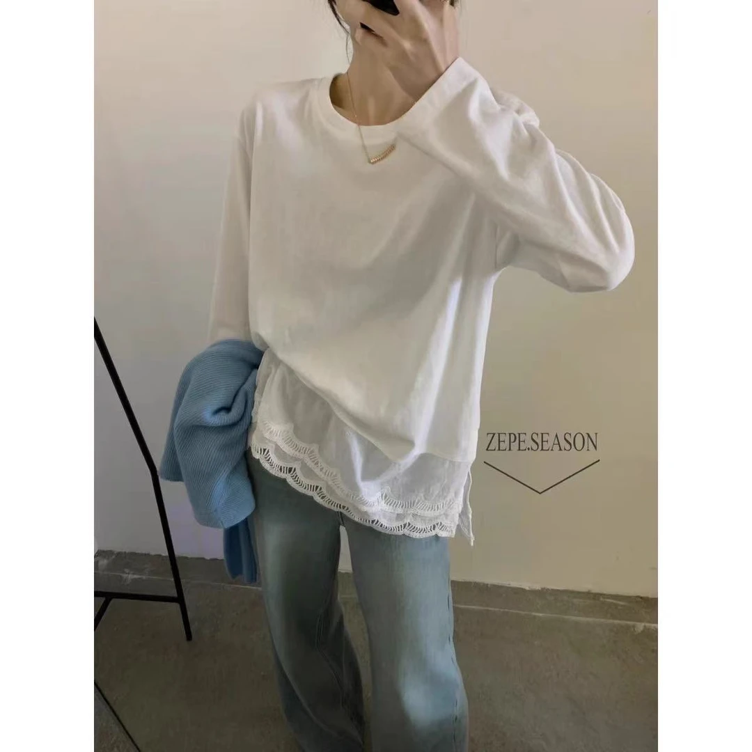【YC】白色蕾丝花边打底衫女秋冬宽松中长款遮屁股内搭磨毛长袖上衣