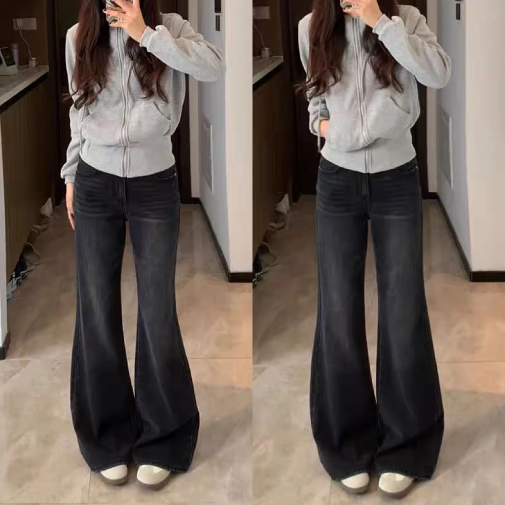 美式复古做旧黑灰洗水牛仔裤女显瘦高腰阔腿不贴腿微喇叭裤子