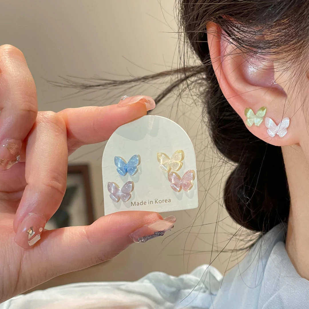 蝴蝶耳钉多彩色简约少女ins风耳饰渐变晕染耳环R2557