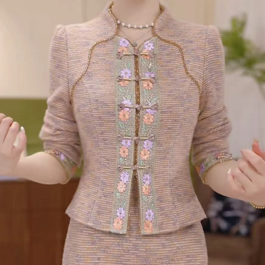 高档雪花绒假两件新中式拼接礼服裙2025秋季新款显瘦中长款连衣裙