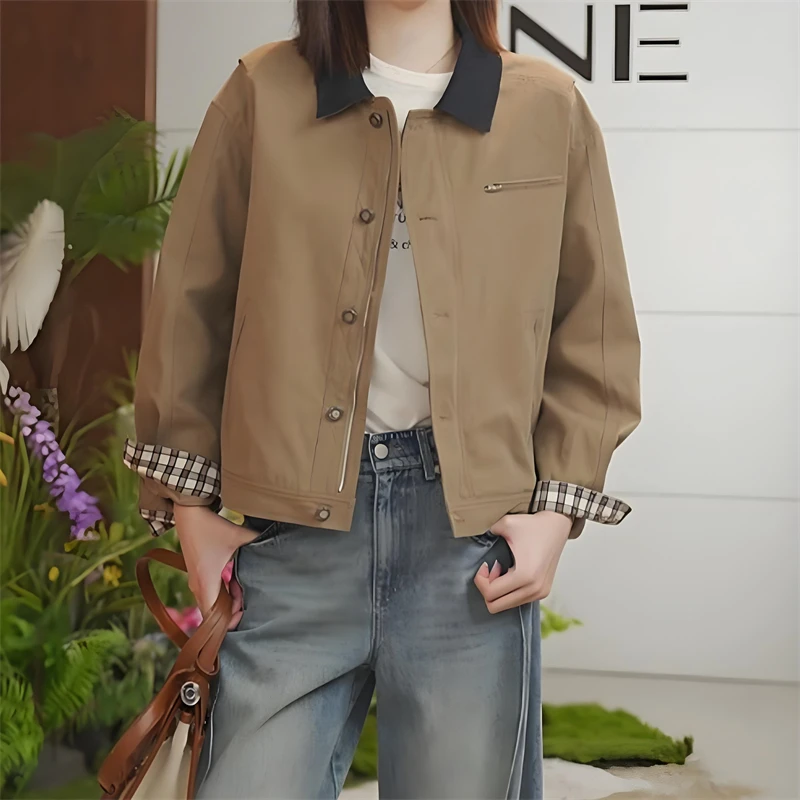 卡其色复古拼接撞色翻领短款外套女秋季新款宽松显瘦时尚夹克上衣