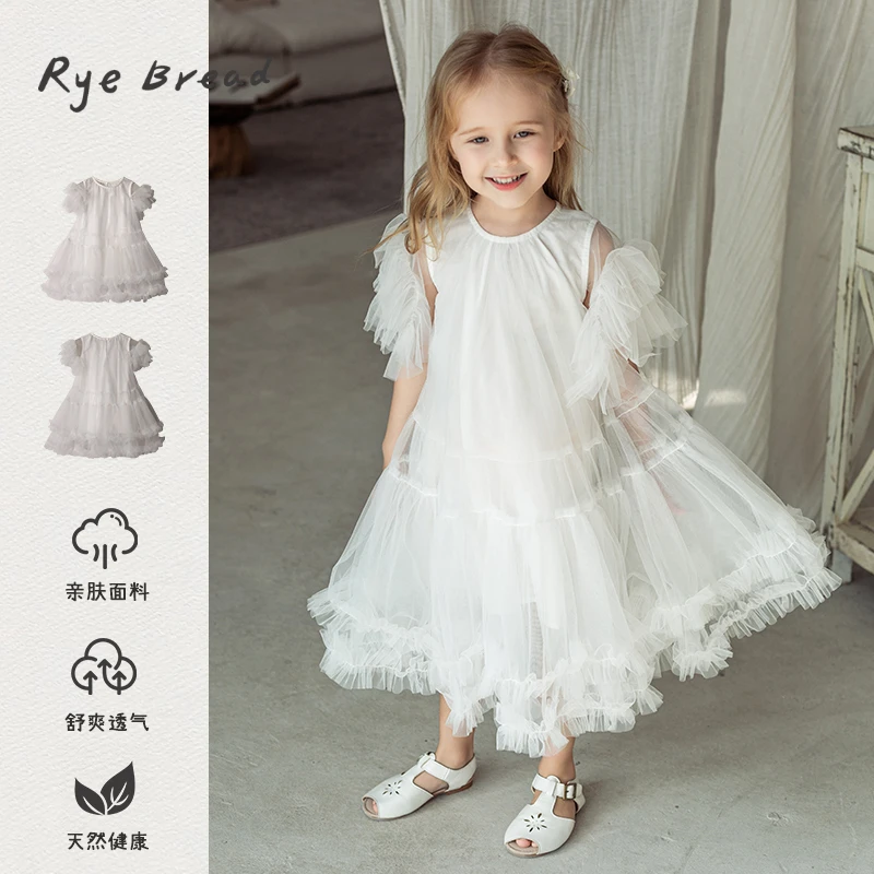ryebread/黑面包童装 韩版清新风女小童网纱花边连衣裙 5夏