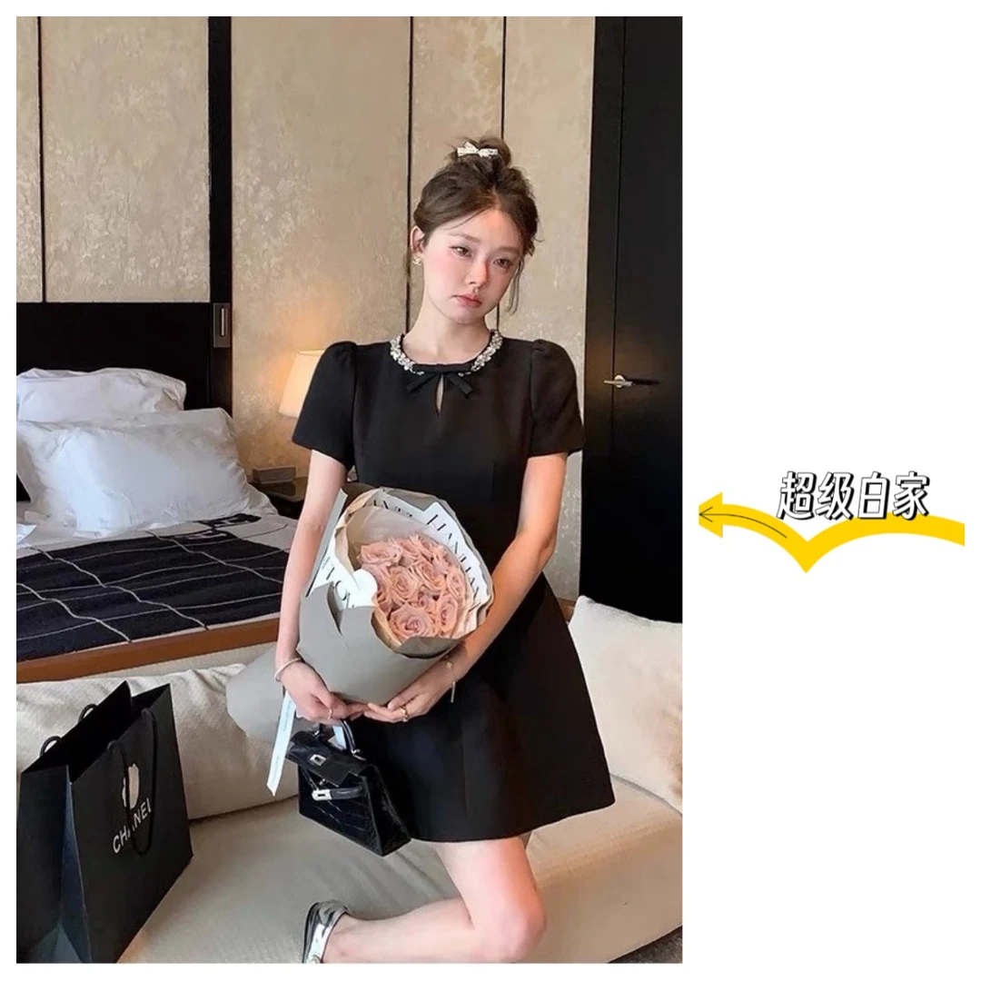 韩版高级感气质泡泡袖蝴蝶结精致连衣裙裙子2200