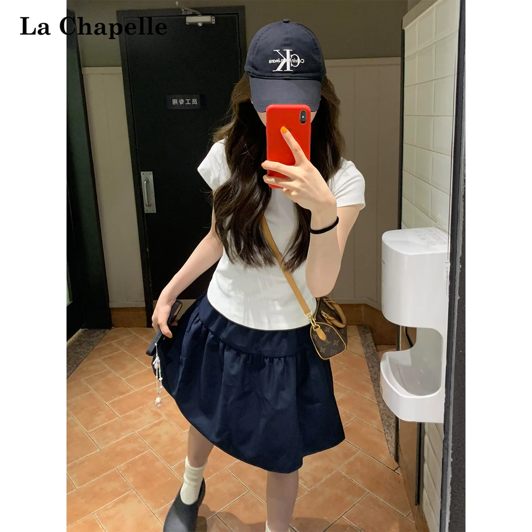 La Chapelle/拉夏贝尔裙子夏季藏蓝色半身裙花苞设计百搭慵懒风