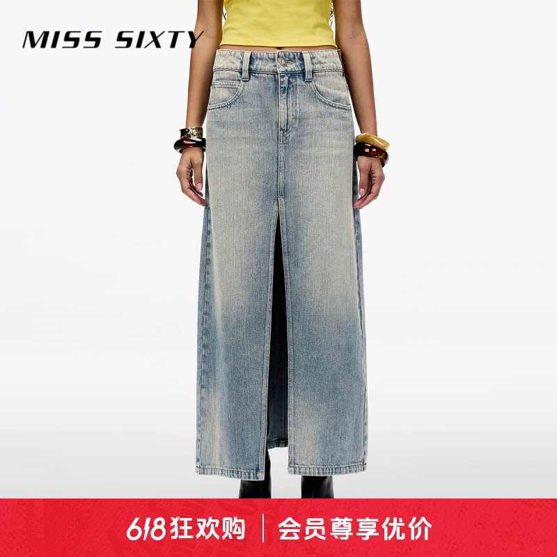 Miss Sixty2025春季新款牛仔长裙女前开衩多皮牌复古做旧洗水休闲