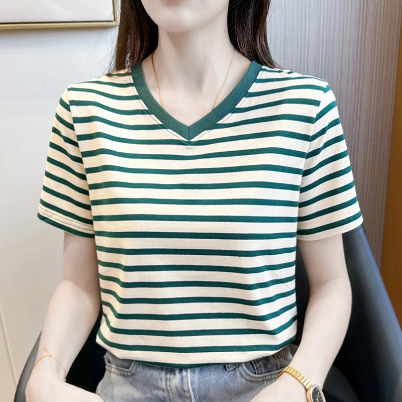 纯棉百搭条纹t恤女装短袖夏季新款宽松时尚显瘦遮肚v领正肩上衣潮