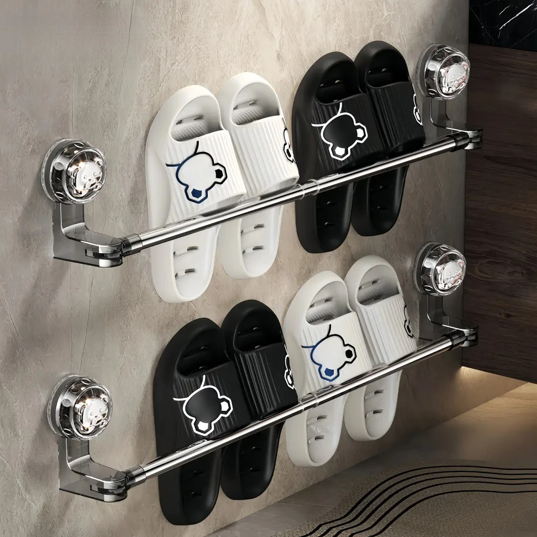 吸盘伸缩拖鞋杆浴室毛巾架免打孔毛巾杆旋转吸盘式壁挂收纳拖鞋架