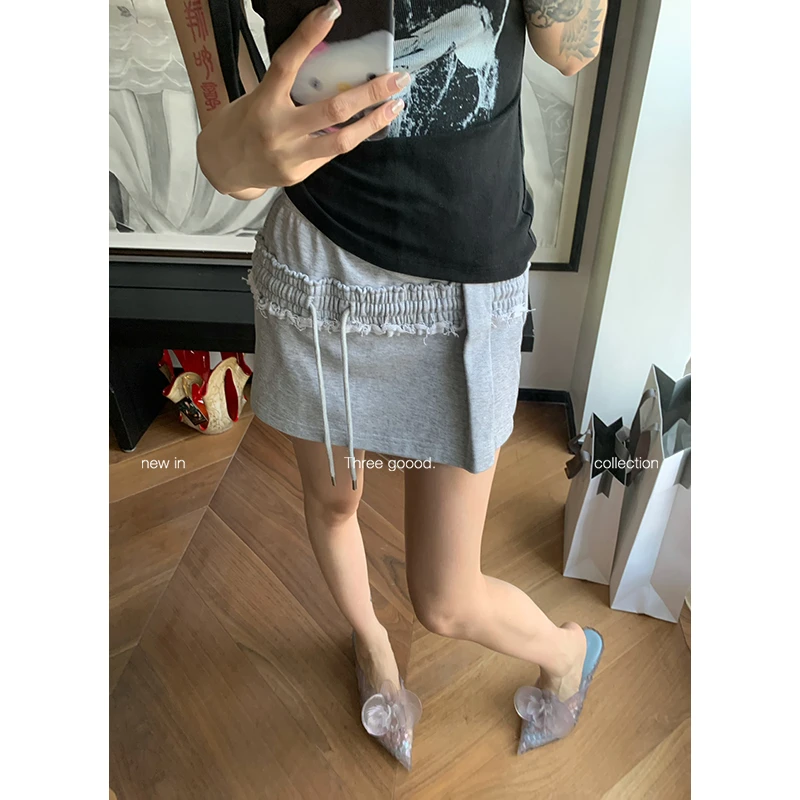 THREE GOOOD/三吉抽绳简约短半裙双腰头时尚休闲卫裙Y725G04185
