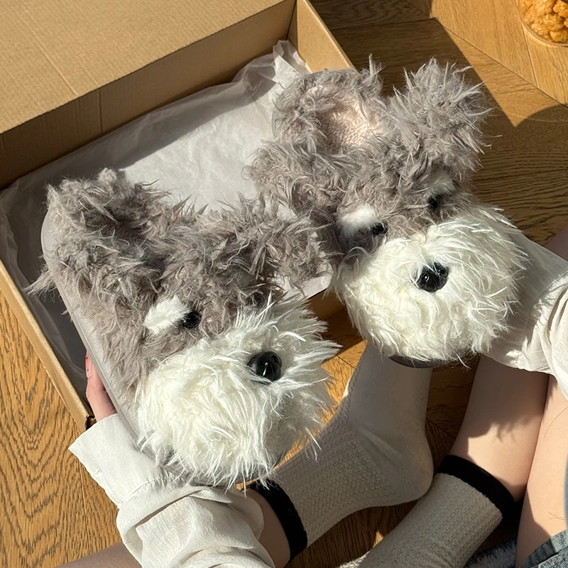 来两双 潦草狗棉拖鞋冬季女生可爱卡通寝室内居家侣厚底毛毛拖鞋