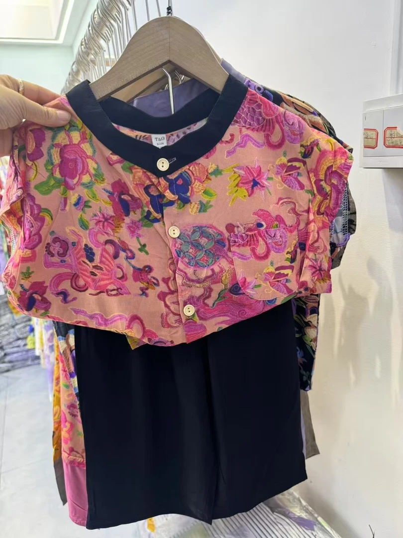 山东人造棉套装新款儿童时髦外穿薄款空调家居服裙子夏季国风绵绸