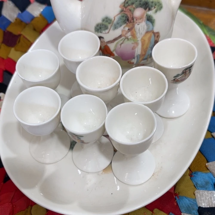 瓷片寿星酒壶套一壶八杯一托盘