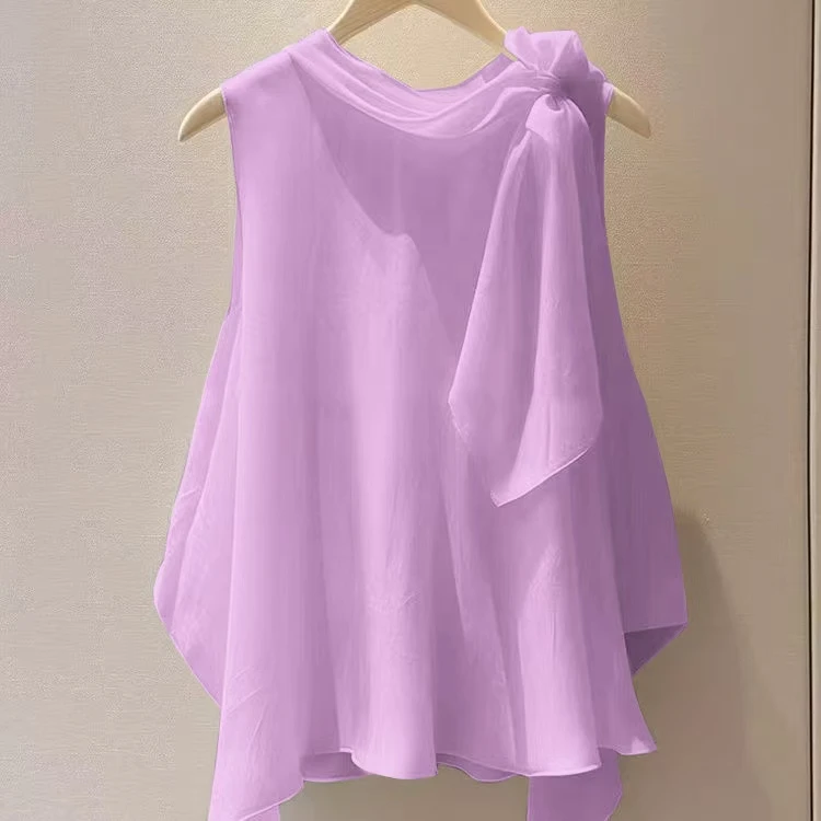 独特漂亮洋气高端别致小衫法式小上衣紫色无袖衬衫2025新款女夏季