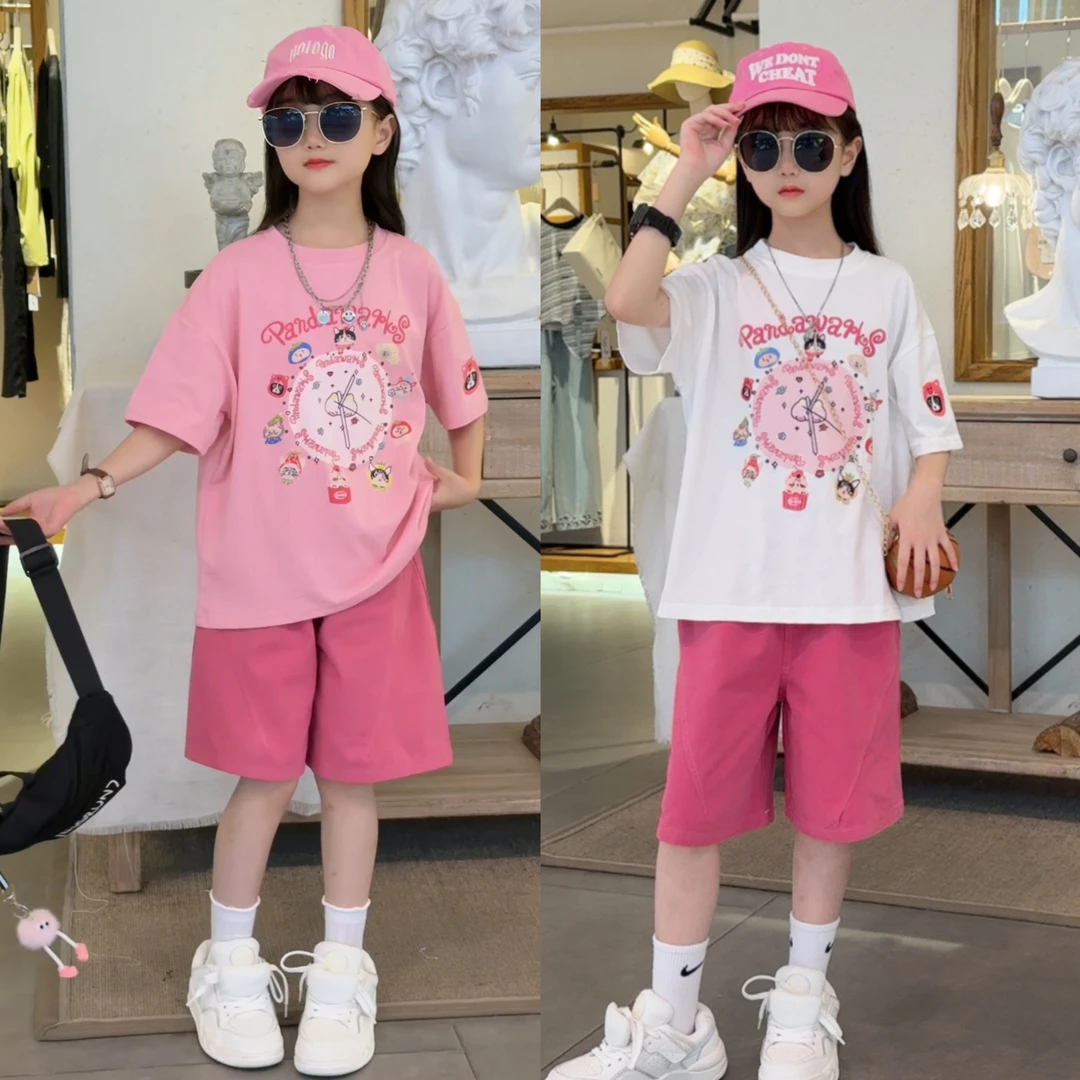 女童100%纯棉套装夏季新款短袖T恤休闲裤女大童夏装女孩短裤套装