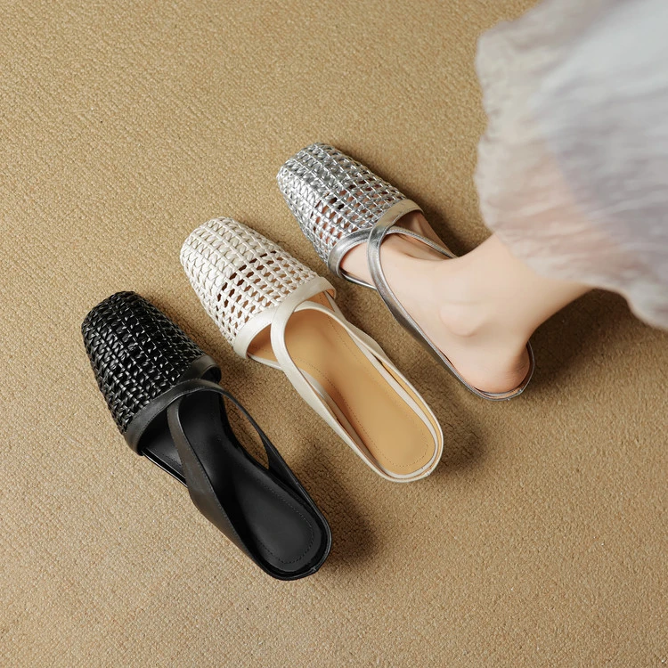 牛皮+编织5.5cm法式交叉带镂空半拖鞋真皮内增高洞洞鞋包头凉拖鞋