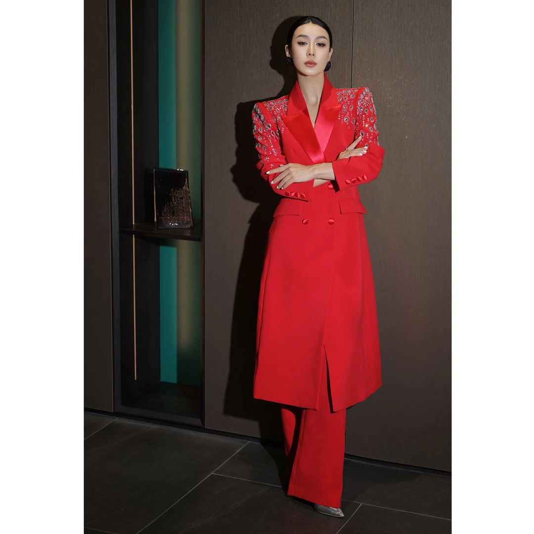 气场强大女装套装2025秋冬重工钉钻风衣西装外套喇叭裤职业两件套