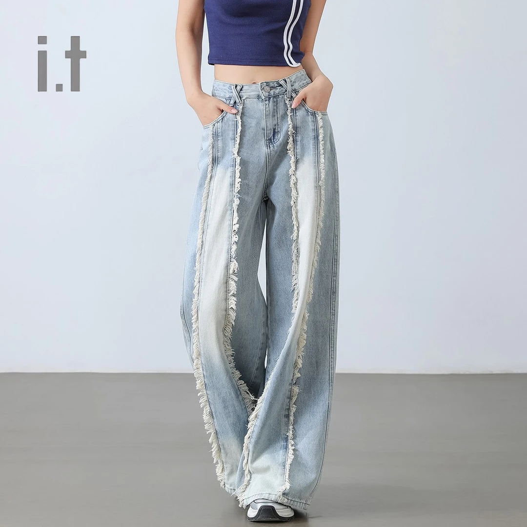 CHOCOOLATE毛边拼接设计美式复古牛仔裤高腰宽松高街阔腿裤水洗