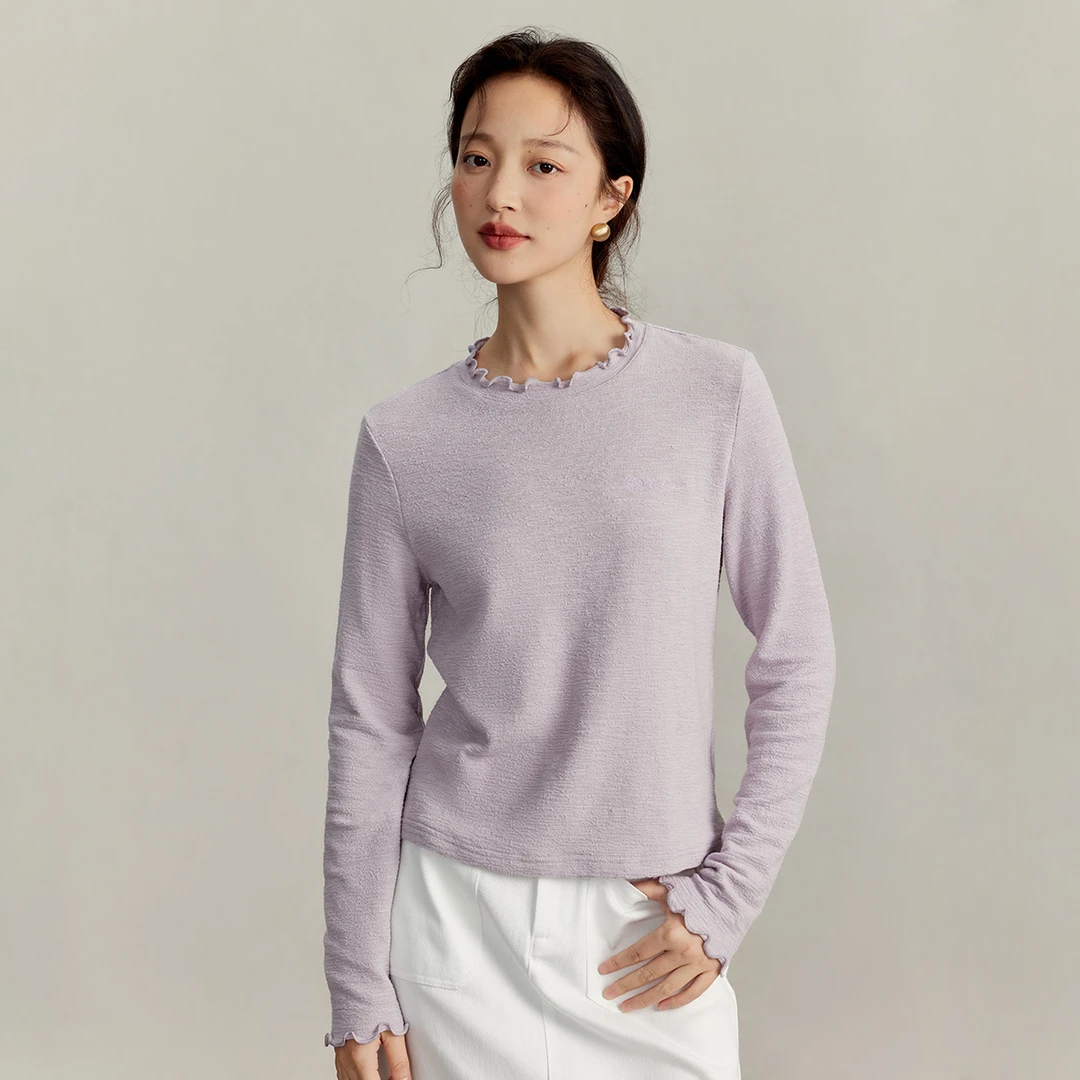 极简风木耳边长袖T恤女2025秋季休闲显瘦舒适正肩百搭打底衫