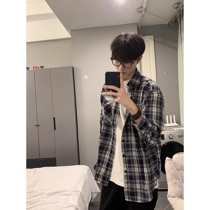 藏青色长袖格子正肩衬衫男士春秋季2025新款美式痞帅休闲叠穿外套