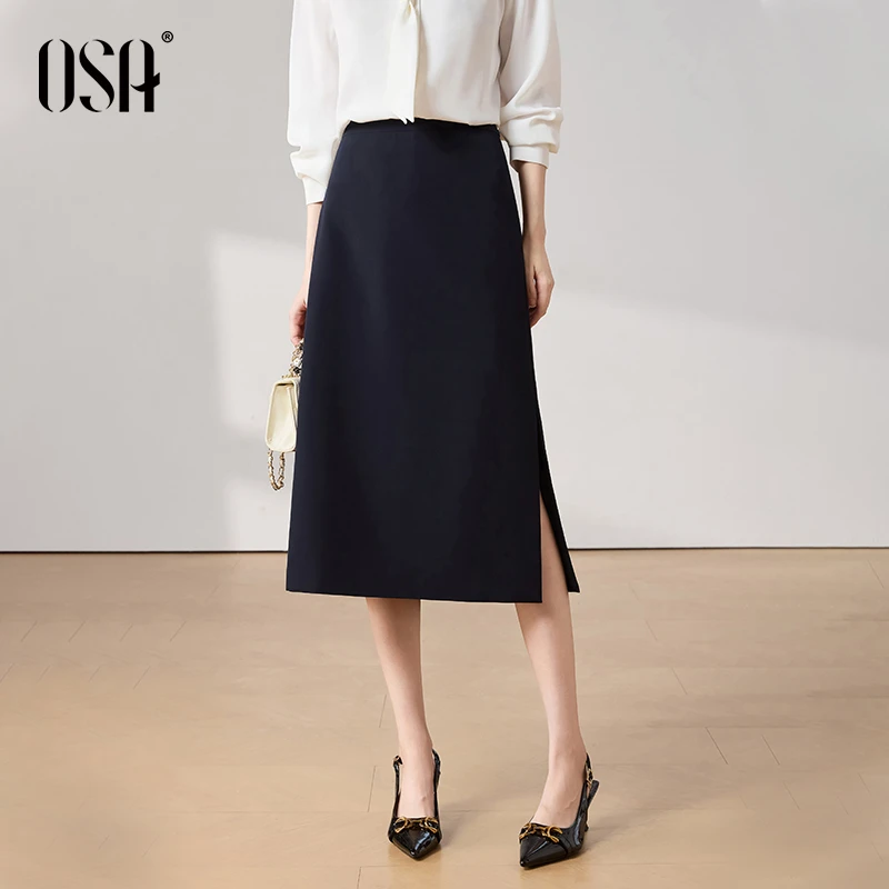 OSA/欧莎 职场OL风通勤半身裙女垂感高腰直筒中长裙子S125C51013