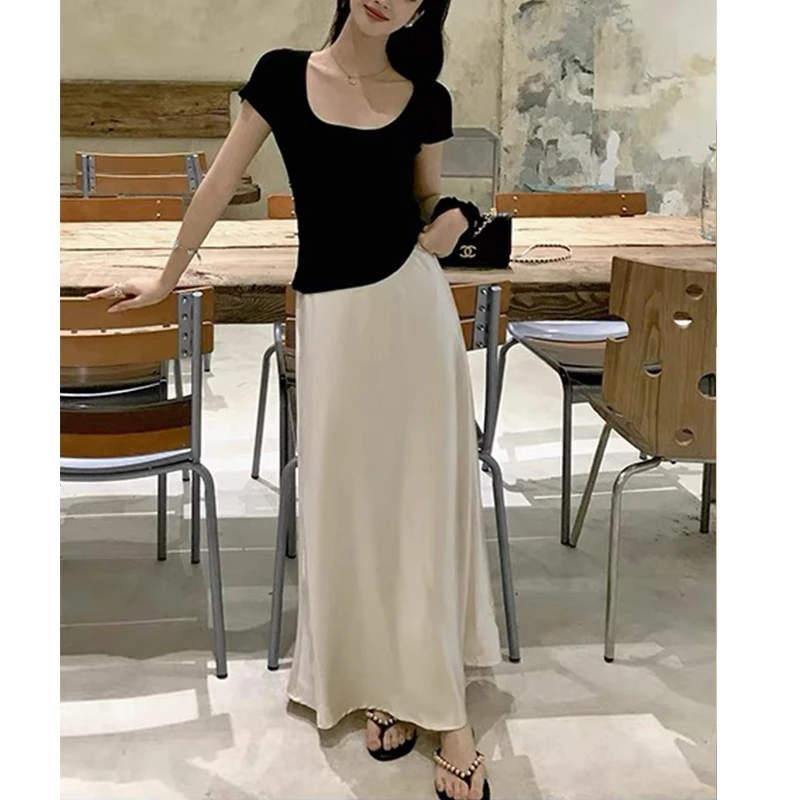 阿球【缎光半身裙】高腰大裙摆A字长裙半裙全松紧遮肉夏季新款大码