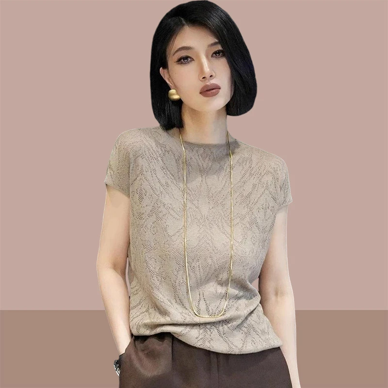 2025夏季新款女士独特别致洋气短袖T恤爆款提花漂亮气质小衫上衣