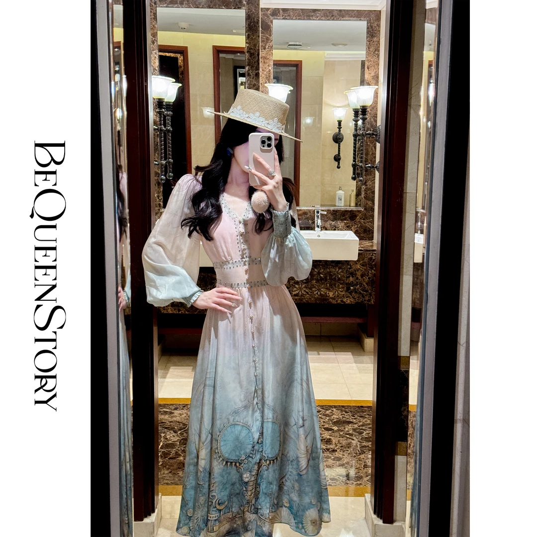 BeQueenStory【希腊海神】2025新款古典真丝双绉飘逸渐变V领连衣裙