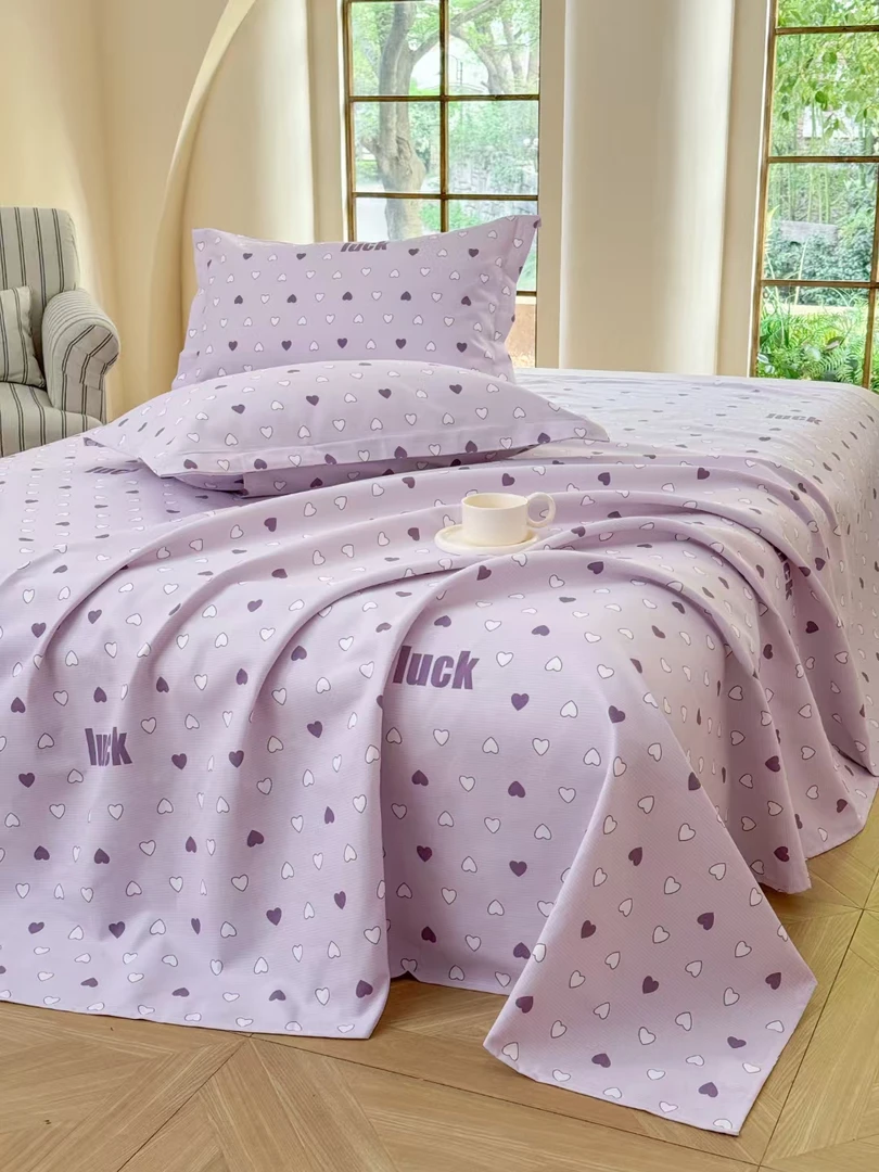 夏季必备加厚粗布床单款凉席三件套（爱心-紫）防滑耐磨透气三件套