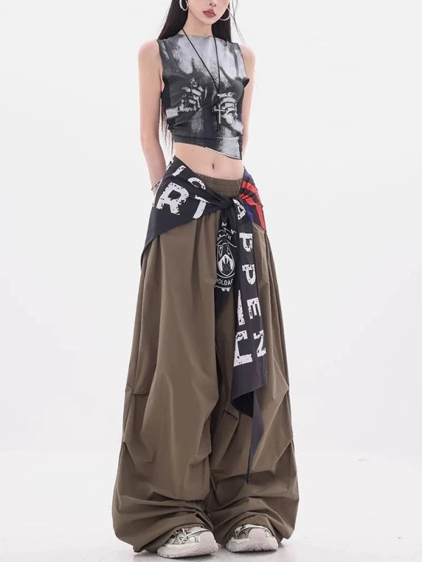 褶皱垂感阔腿裤女夏季美式复古爵士舞跳舞屁帘宽松工装伞兵弯刀裤